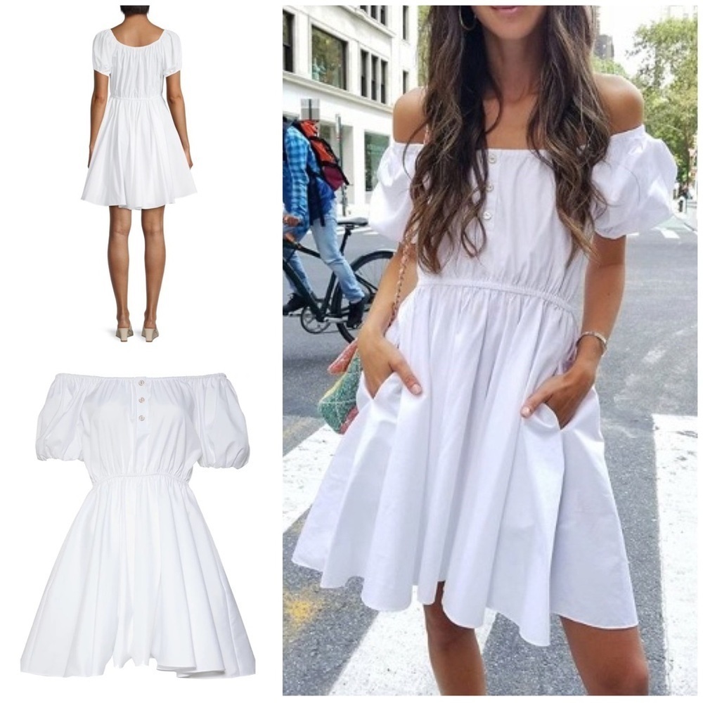 Caroline Consta Bardot White Cotton Summer Off the Shoulder Boho Dress M​​​​​